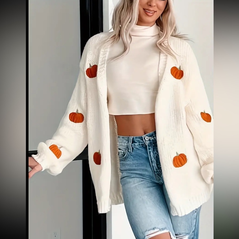 Women's Knit Cardigan Pumpkin Embroidery Long Sleeve Loose Sweater Coat NEW